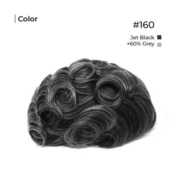 Jet Black 60% grey Toupee Monofilament Lace Top With Natural Hair Line - Thin Skin Toupee Hair Piece 0.12mm Injected Poly Skin Toupee 100% European Human Hair 8''x10'' - Natural Hairline. 1B# Off Black)