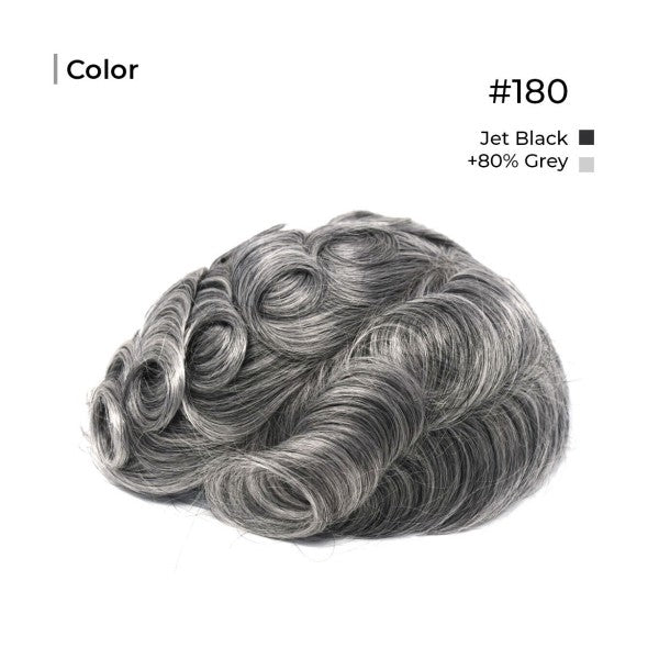 Jet Black 80% grey Toupee Monofilament Lace Top With Natural Hair Line - Thin Skin Toupee Hair Piece 0.12mm Injected Poly Skin Toupee 100% European Human Hair 8''x10'' - Natural Hairline. 1B# Off Black)