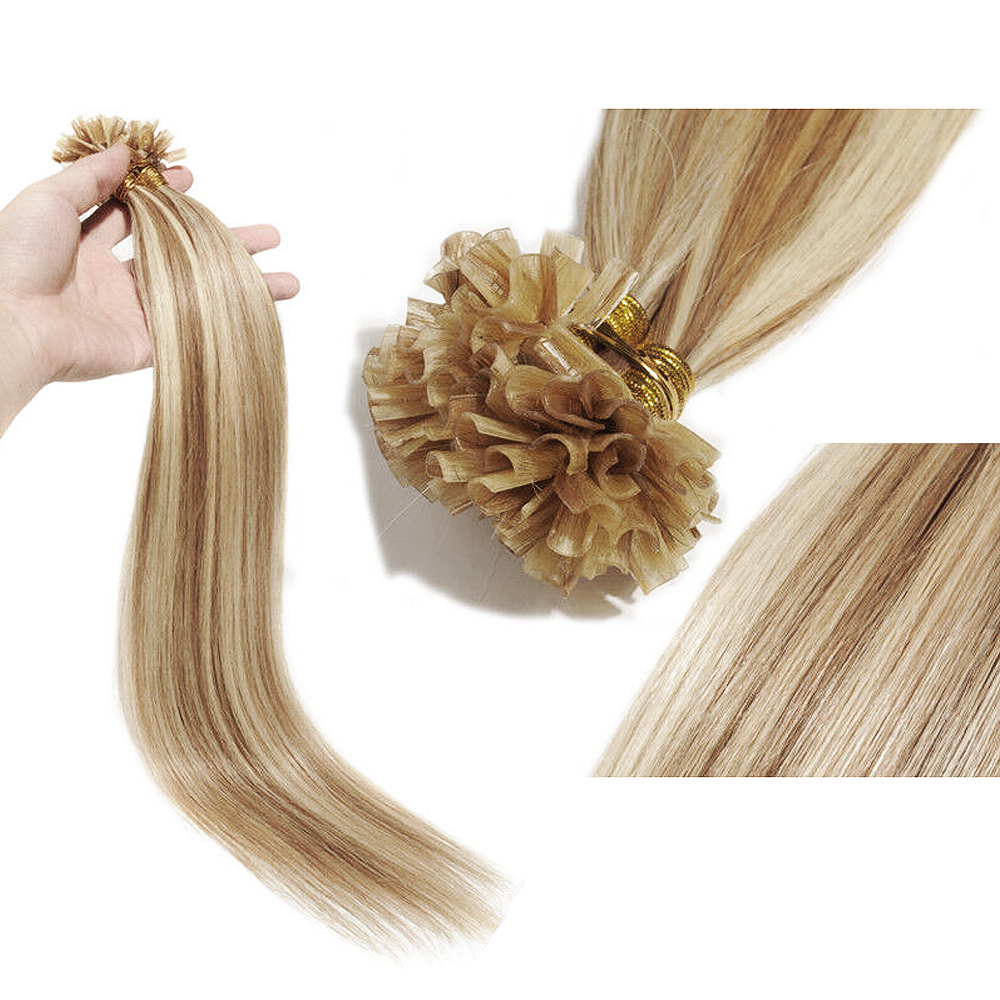 #12/60 Light Golden Brown with Platinum Blonde Highlights k-tips Pre-bonded Fusion Hair Extensions 100% Remy Human Hair fusion Extensions - Utips/Flat tips Hair Canadare Bonded