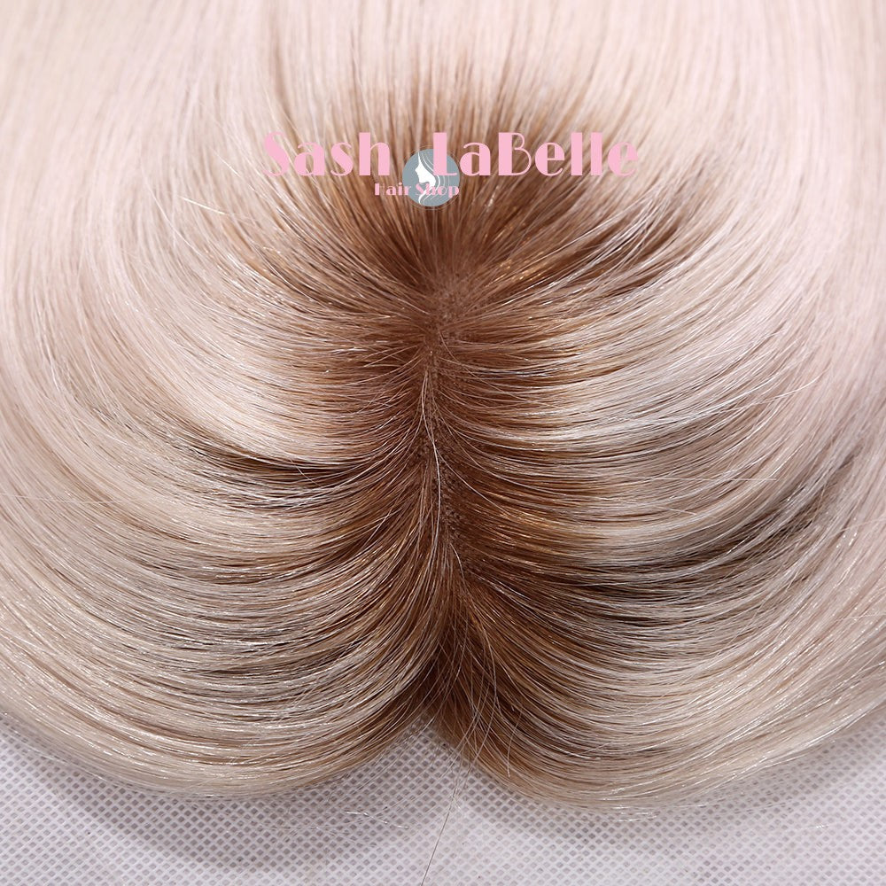 Rooted Bleach Blonde 4"x4'' silk+1” Lace - 100% European Silk-Base Hair Topper Canada