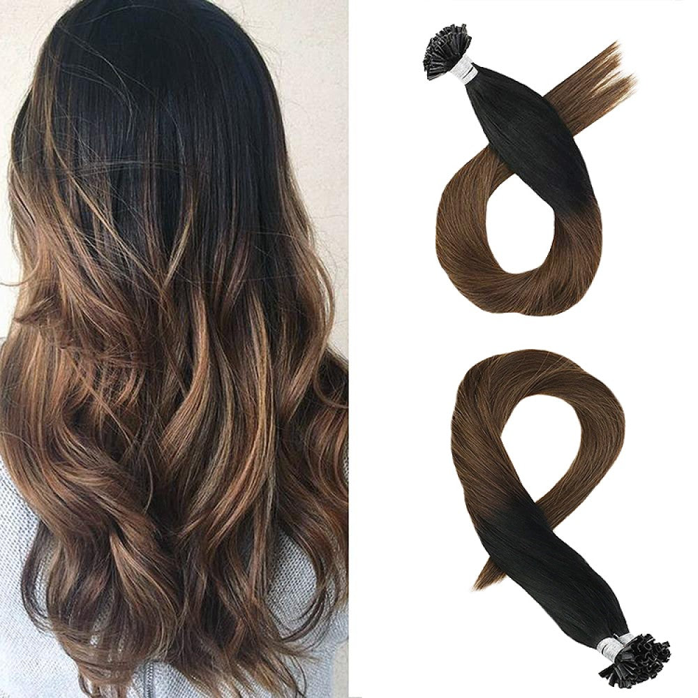 #1B/3 Natural Black/Dark Brown Ombre Highlights k-tips Pre-bonded Fusion Hair Extensions 100% Remy Human Hair fusion Extensions - Utips/Flat tips Hair Canadare Bonded