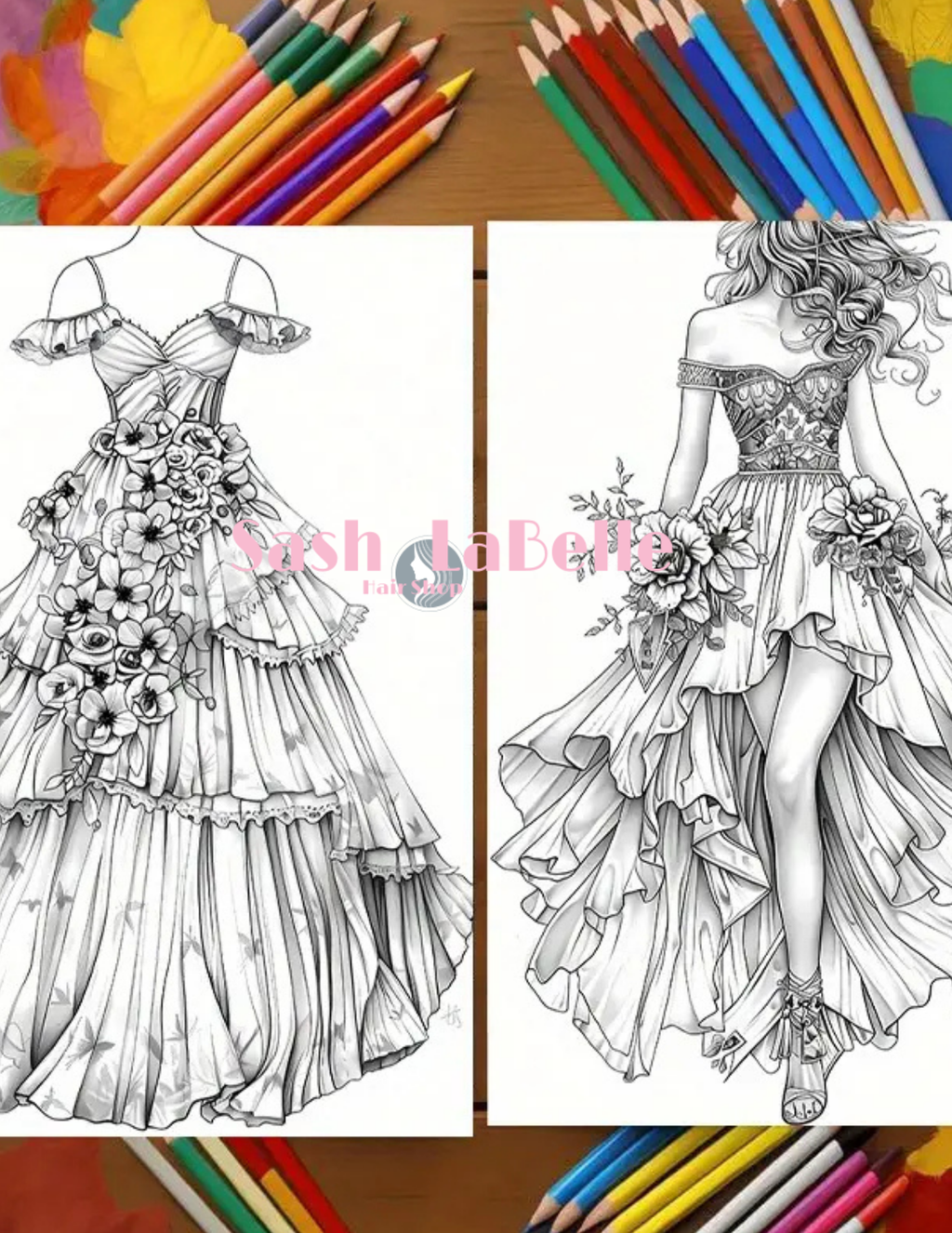 Dress Fashion Styles coloring Books + free Multi-Colored Pencil Crayons
