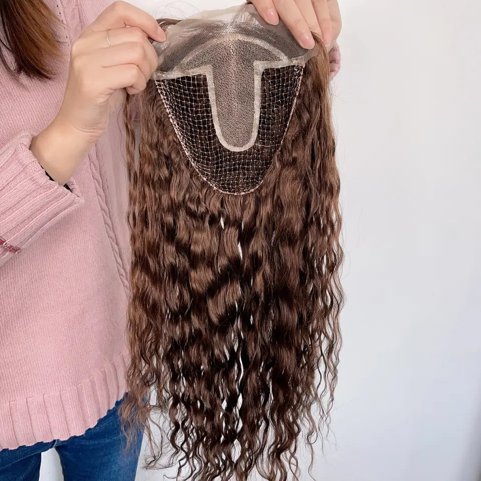 Chocolate Brown 100% Brazilian Human Hair Fishnet base hair Topper