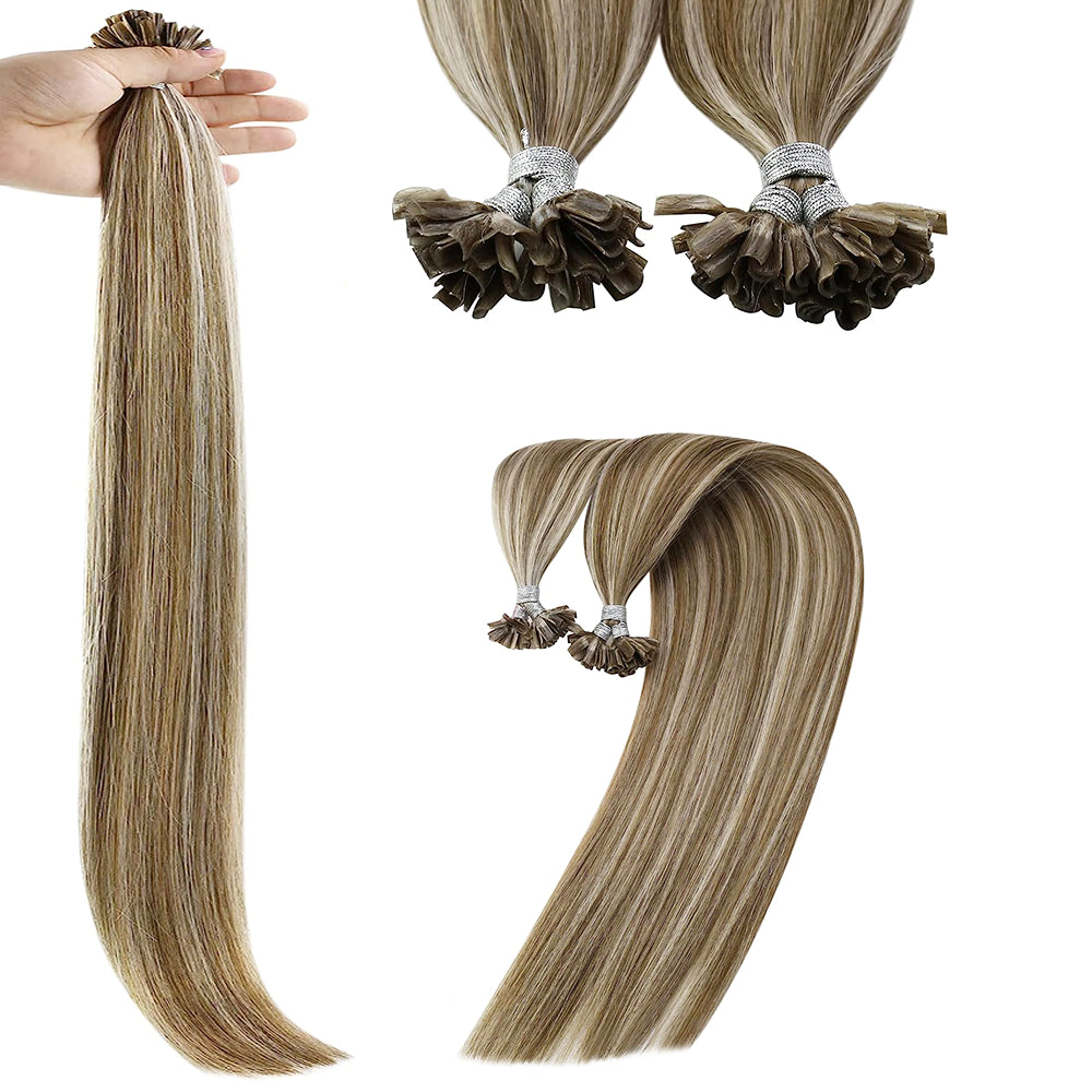 #8/18 Ash Brown/Ash Blonde Highlights k-tips Pre-bonded Fusion Hair Extensions 100% Remy Human Hair fusion Extensions - Utips/Flat tips Hair Canadare Bonded