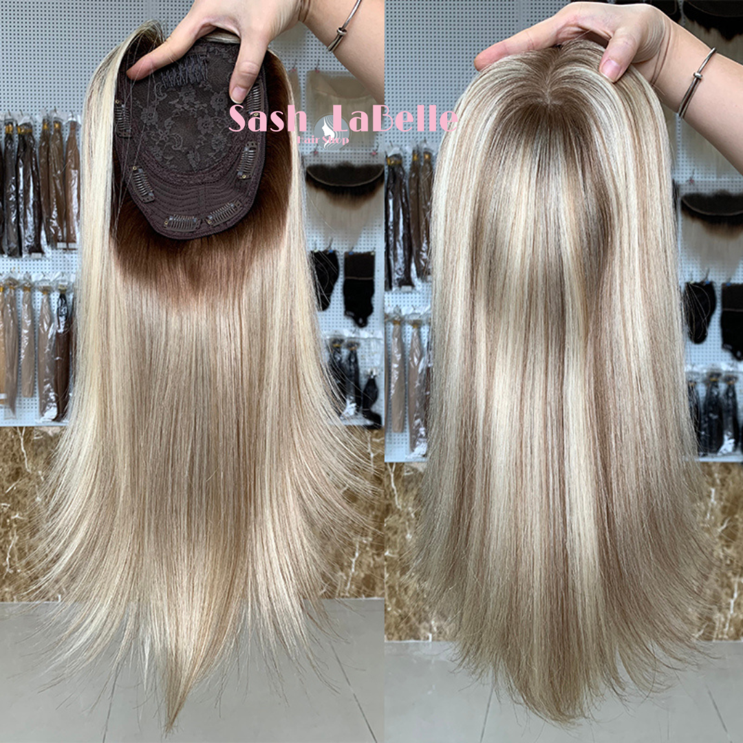 Rooted Bleach Blonde 4"x4'' silk+1” Lace - 100% European Silk-Base Hair Topper Canada