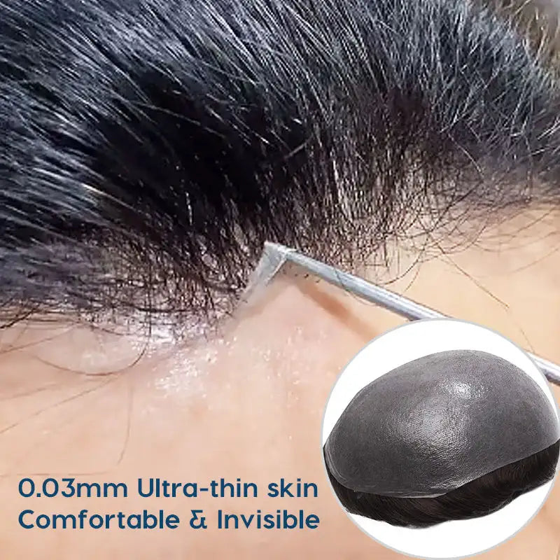 Jet Black 80% grey Toupee Monofilament Lace Top With Natural Hair Line - Thin Skin Toupee Hair Piece 0.12mm Injected Poly Skin Toupee 100% European Human Hair 8''x10'' - Natural Hairline. 1B# Off Black)