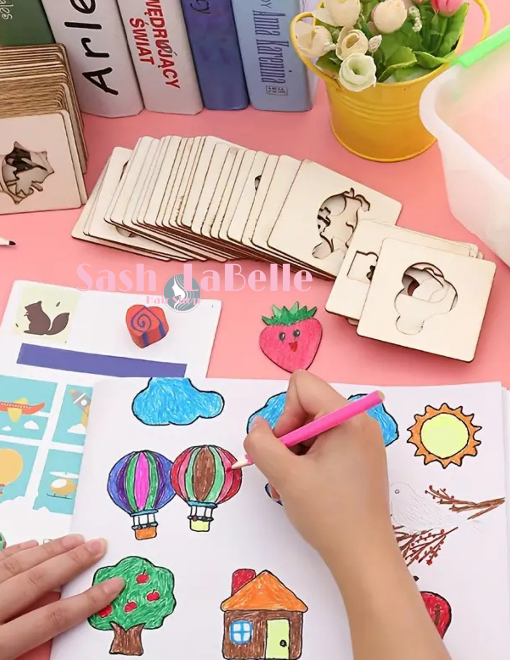 Wooden drawing stencils + plain sketchbook + free Colored Pencil Crayons