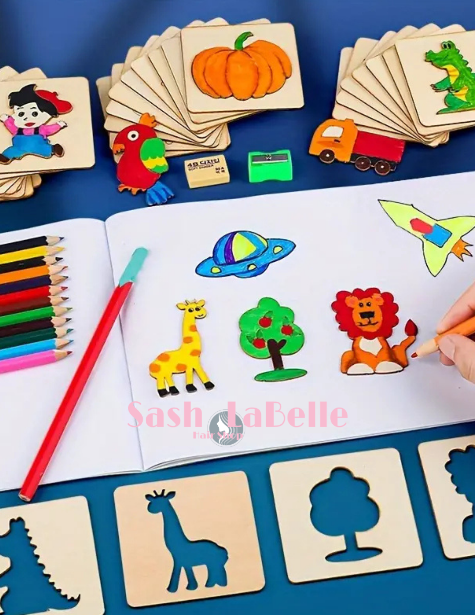 Wooden drawing stencils + plain sketchbook + free Colored Pencil Crayons