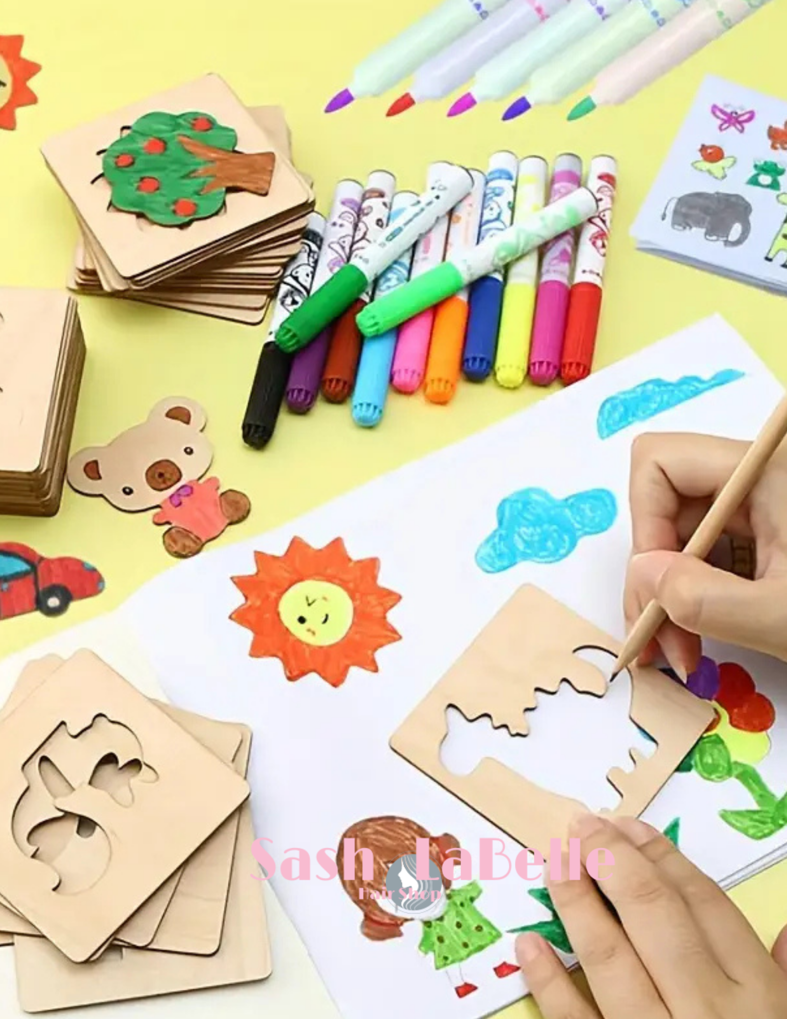 Wooden drawing stencils + plain sketchbook + free Colored Pencil Crayons