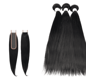 100% Brazilian Human Hair -3Pcs Yaki Straight | Plus 2"x 6" Lace Closure - SashBeauty