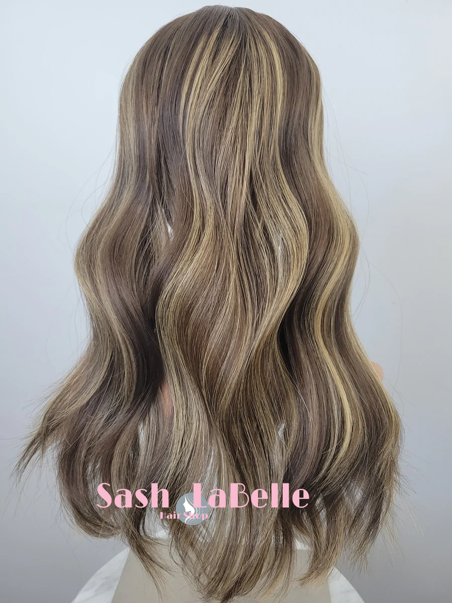 Medium Brown Caramel Highlights 100% Premium Mongolian Silk Base front mono-topper Canada
