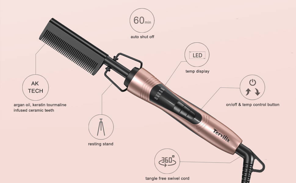 Electric Hot Comb, for Wigs & Beard, Anti-Scald Straightening Comb with Keratin & Argan Oil Infused Teeth, Temperatures Adjustable, 60 Min Auto Shut Off