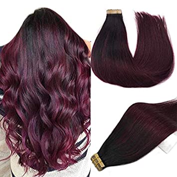 100% Remy Human Hair European #1B/99J Balayage Tape-In Hair Extensions (55g - 175g)