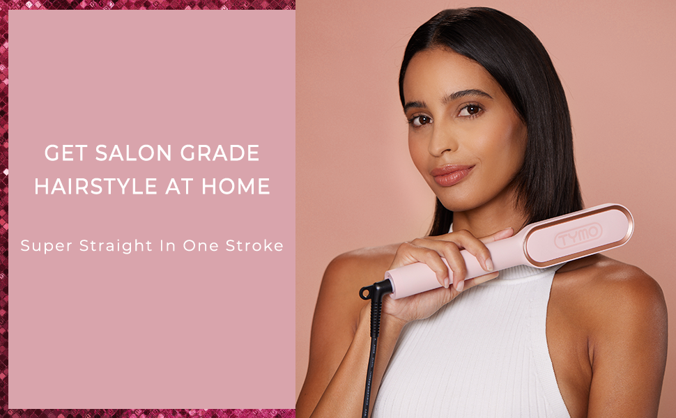 Electric TYMO Ring Pink Hair Straightener Brush - Hair Straightening Iron with Built-in Comb, 20s Fast Heating & 5 Temp Settings & Anti-Scald, Perfect for Professional Salon at Home