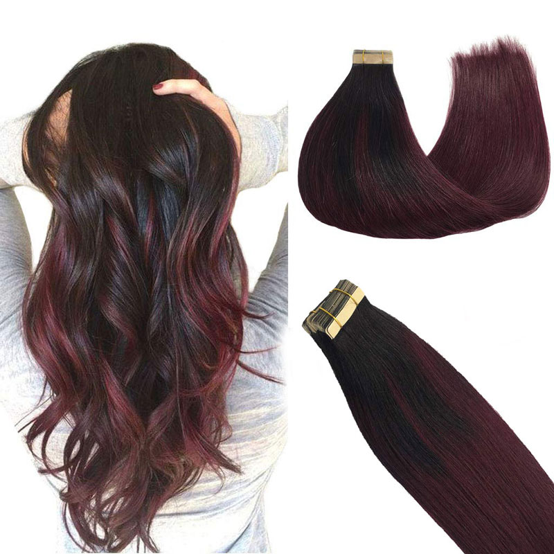 100% Remy Human Hair European #1B/99J Balayage Tape-In Hair Extensions (55g - 175g)