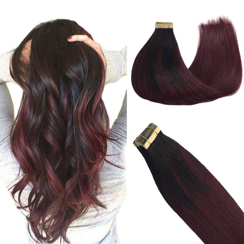 100% Remy Human Hair European #1B/99J Balayage Tape-In Hair Extensions (55g - 175g)