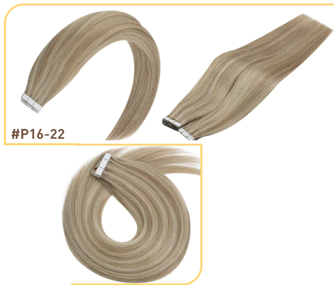 100% Remy Human Hair European P16/22 Balayage Tape-In Hair Extensions (55g - 175g)-Light Brown and Bleach Blonde from 20pcs/Package
