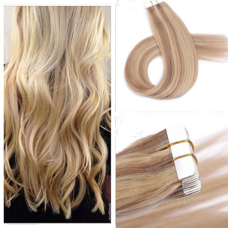 100% Remy Human Hair European P16/22 Balayage Tape-In Hair Extensions (55g - 175g)-Light Brown and Bleach Blonde from 20pcs/Package