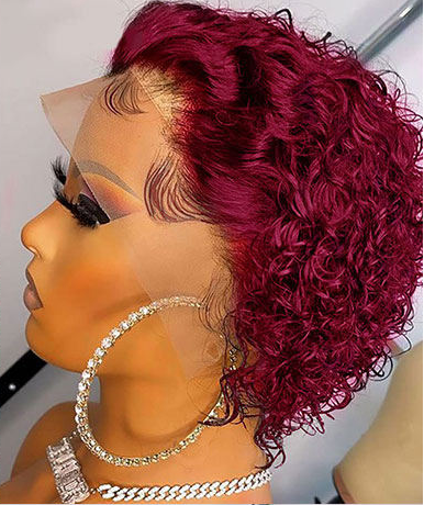 100% Human hair 13x6 HD Lace Red pixie cut Wig - Color T1B/99J