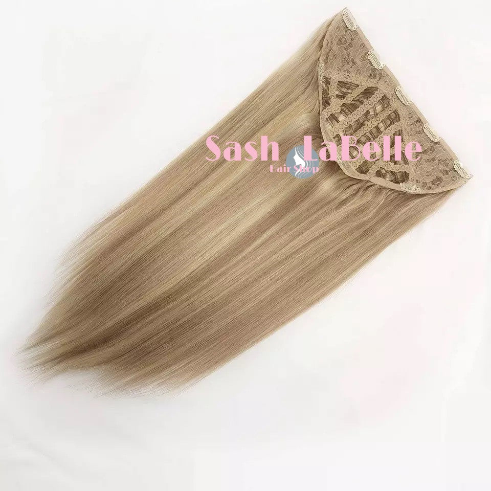100% Remy Real Human Hair - Invisible U-CLIP Hair Extensions - Rooted Chestnut Blonde highlights