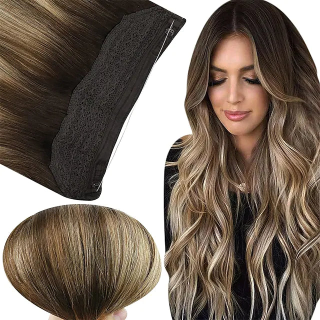 100% Human Hair invisible wire Halo Hair Extensions - Ash Brown Highlights