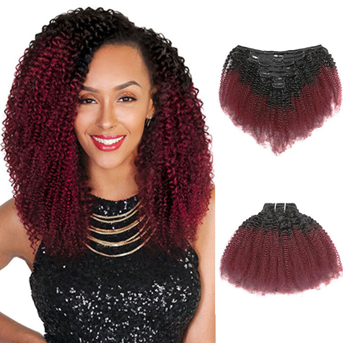 Kinky curly Clip-In Remy Hair Extensions - Ombre Red/ 1B-99J