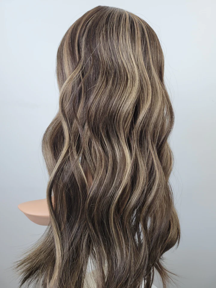 Dark Brown with Caramel Highlights 100% Premium Mongolian Silk Base front mono-topper Canada