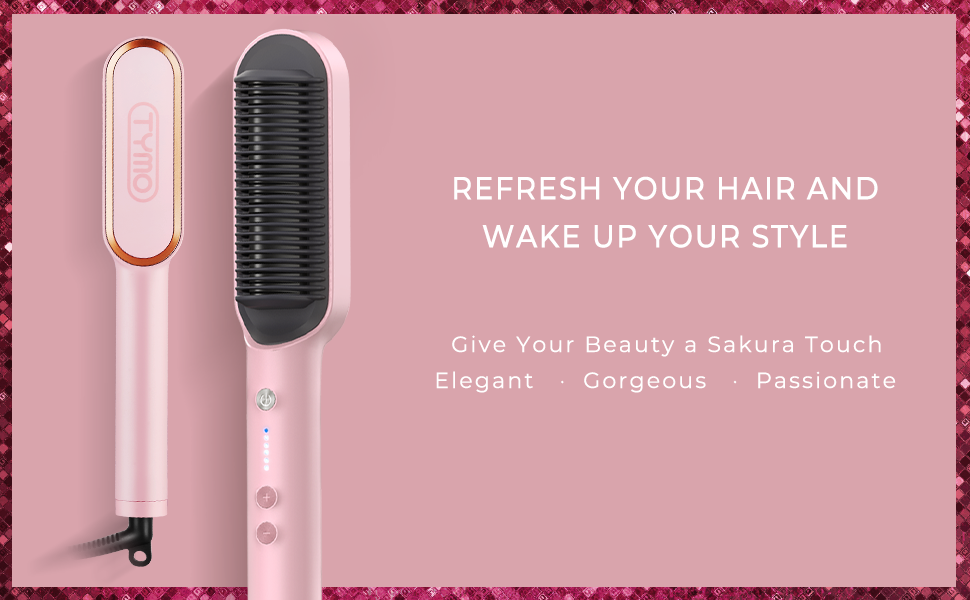 Electric TYMO Ring Pink Hair Straightener Brush - Hair Straightening Iron with Built-in Comb, 20s Fast Heating & 5 Temp Settings & Anti-Scald, Perfect for Professional Salon at Home