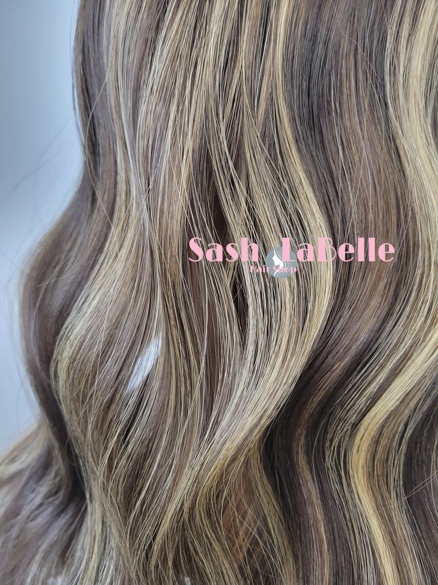 Medium Brown Caramel Highlights 100% Premium Mongolian Silk Base front mono-topper Canada