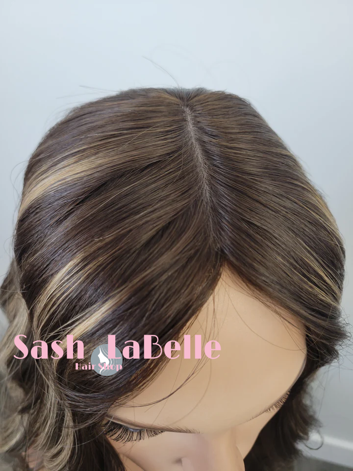 Dark Brown with Caramel Highlights 100% Premium Mongolian Silk Base front mono-topper Canada