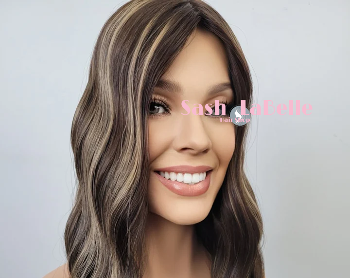 Dark Brown with Caramel Highlights 100% Premium Mongolian Silk Base front mono-topper Canada