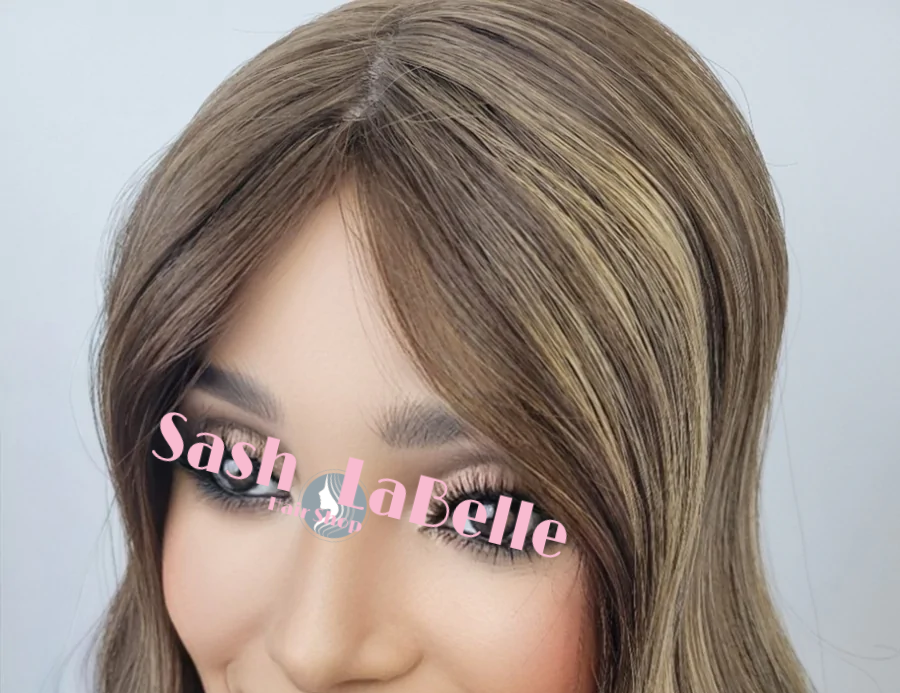 Medium Brown Caramel Highlights 100% Premium Mongolian Silk Base front mono-topper Canada