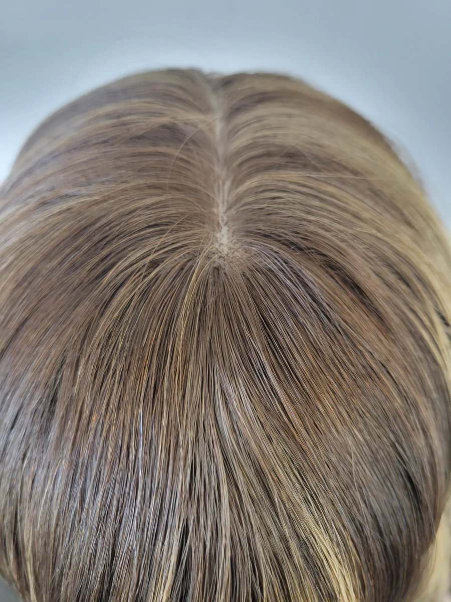 Medium Brown Caramel Highlights 100% Premium Mongolian Silk Base front mono-topper Canada