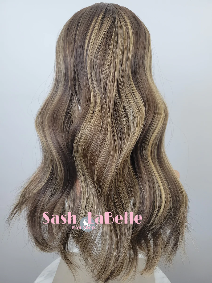 Medium Brown Caramel Highlights 100% Premium Mongolian Silk Base front mono-topper Canada